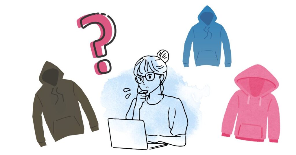 パーカーと悩む女性