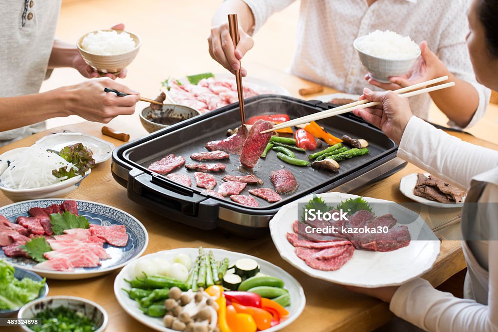 ホットプレートで焼肉をしている