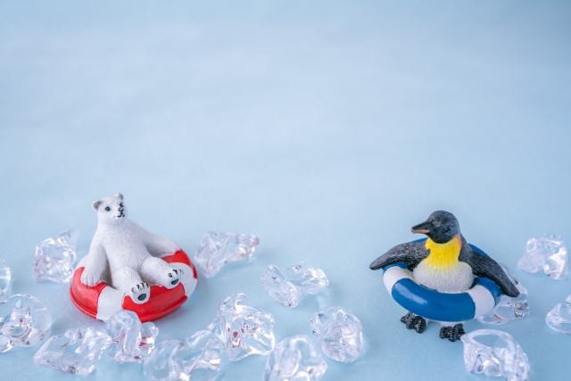 浮き輪を着用した白熊とペンギンの人形