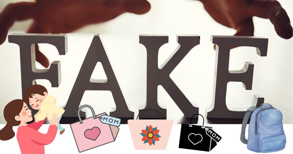 FAKEの文字とママと赤ちゃん、バッグのイラスト