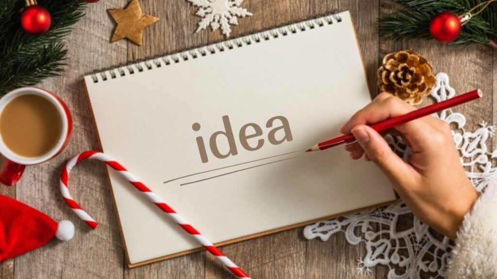 複数のオーナメントとideaと書かれたメモ帳