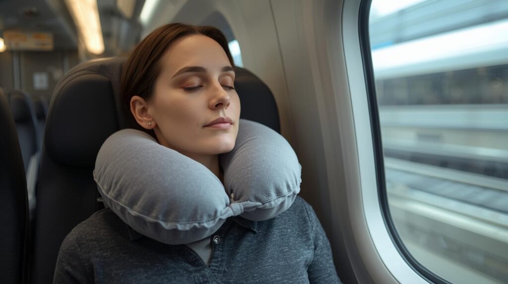 ネックピローでリラックスしながら新幹線に乗っている女性