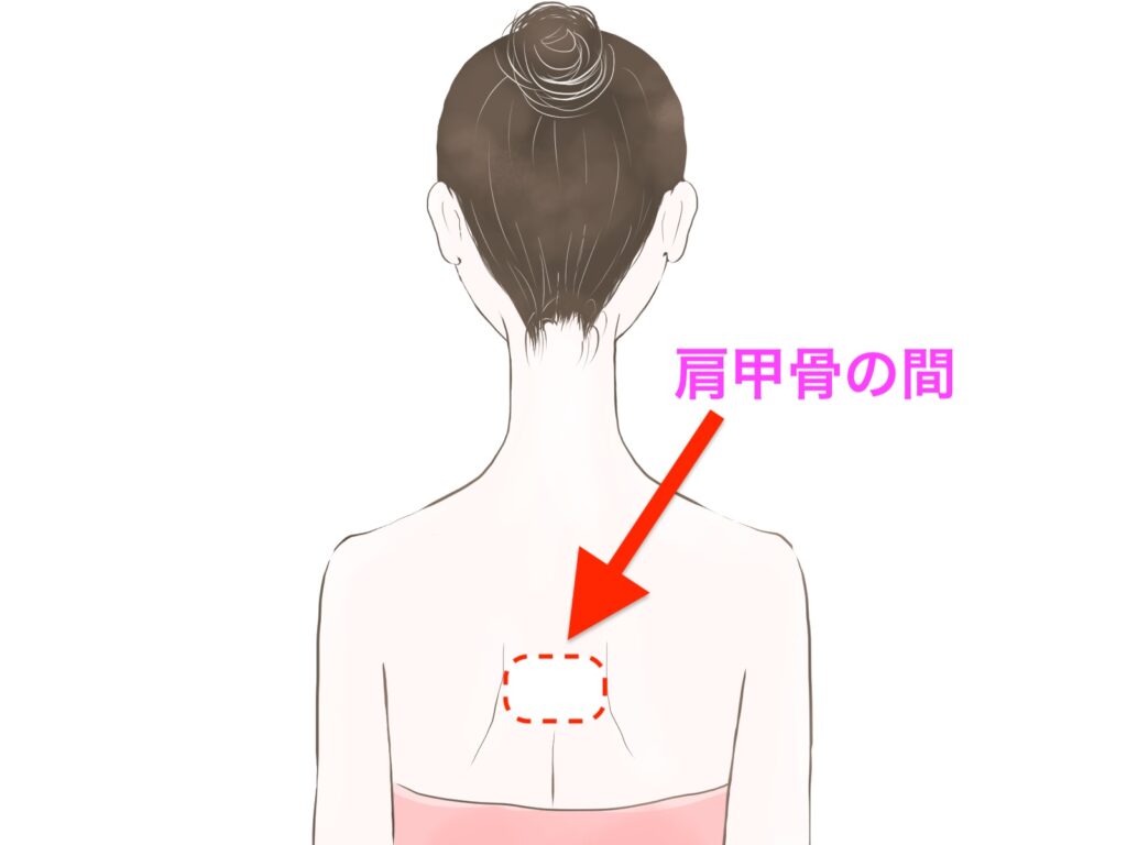 肩甲骨にカイロを貼る女性と「肩甲骨の間」の文字