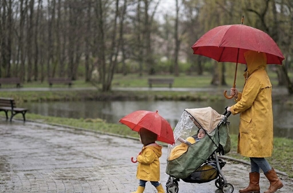 雨の日にベビーカーを押しながら上の事歩くママ
