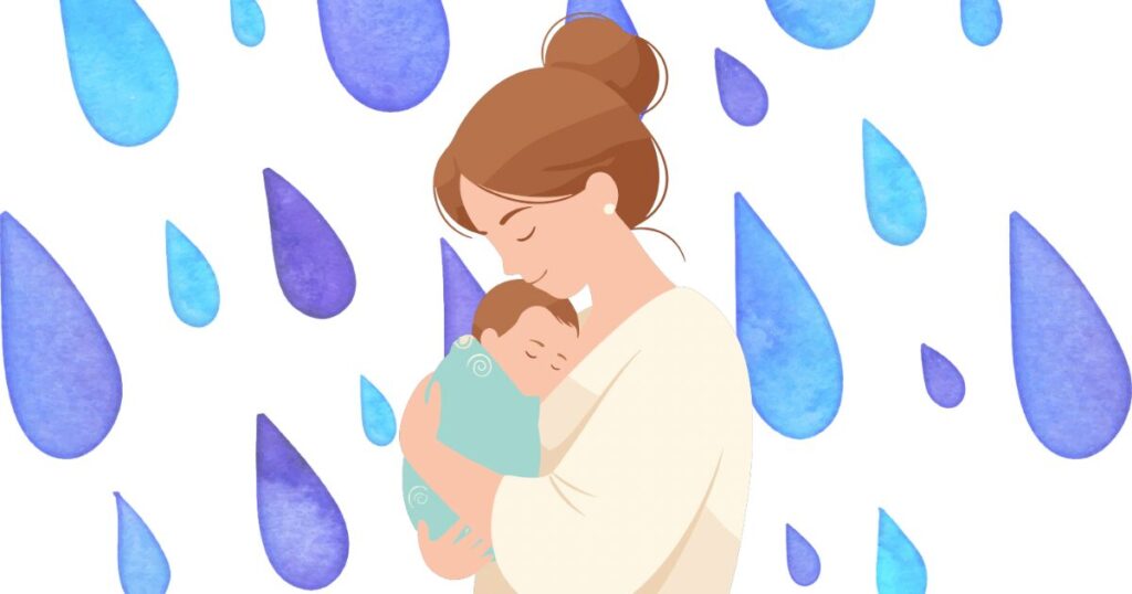 雨粒の背景の前で、眠る赤ちゃんをやさしく抱きしめる母親