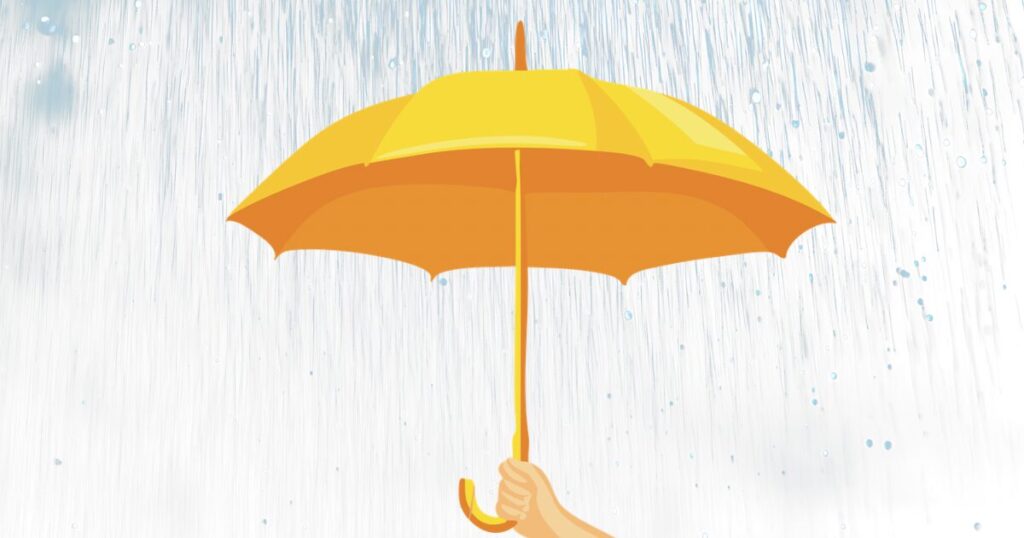 雨粒が降る白い背景の中で、手に持たれた黄色い傘