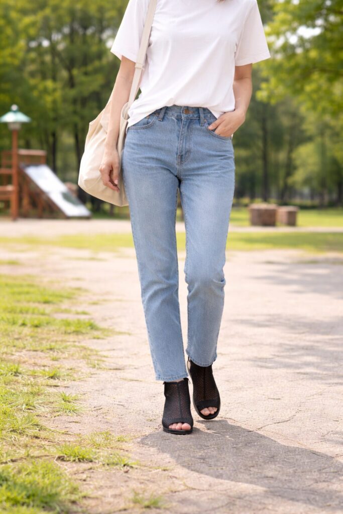 白Tシャツとライトブルーデニムとメッシュショートブーツコーデの女性