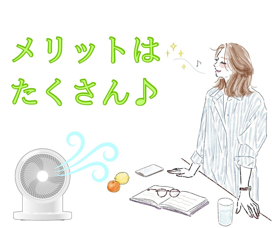 サーキュレーターと女性とメリットはたくさん♪の文字