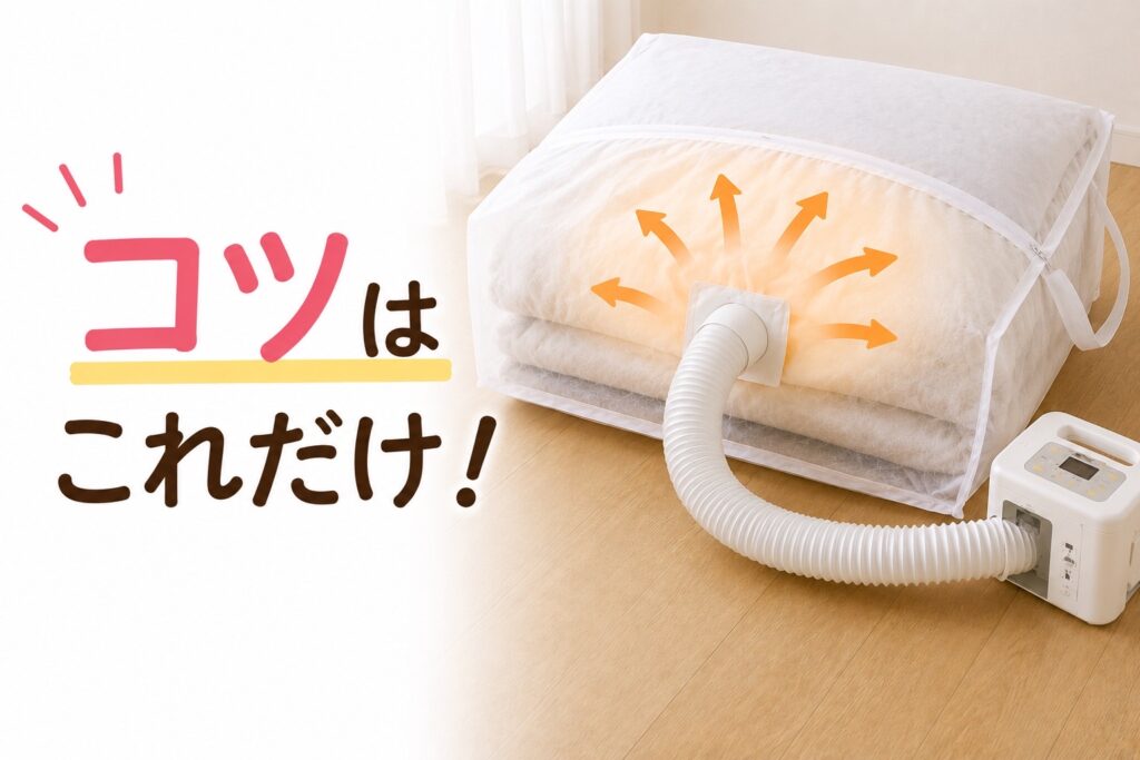布団乾燥機で袋に入れた布団を乾燥しているところとコツはこれだけ!の文字