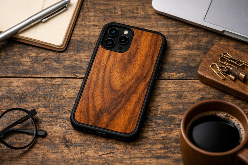 木の机に置かれた木製スマホケース