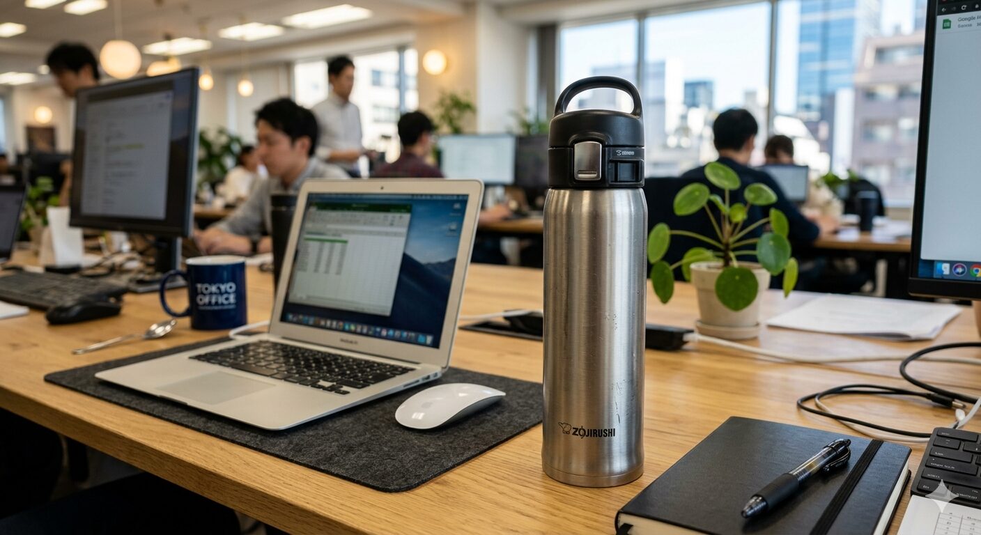 机に置かれたステンレスボトル