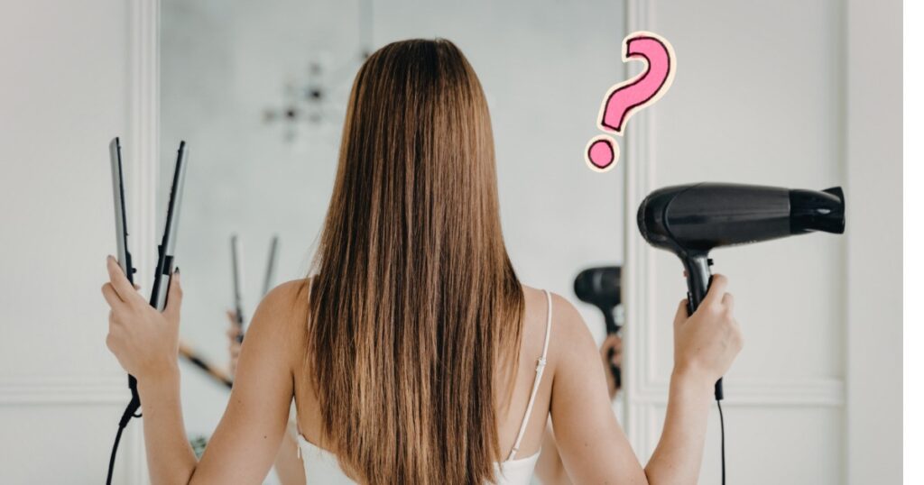 ドライヤーとヘアアイロンの収納に悩んでる女性
