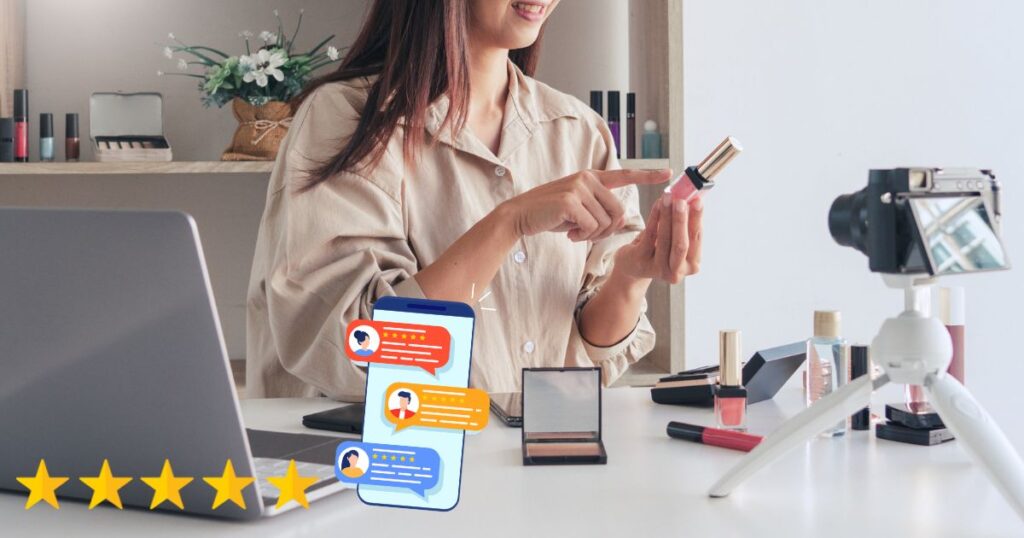 コスメを手に取っている女性の写真と星のイラスト