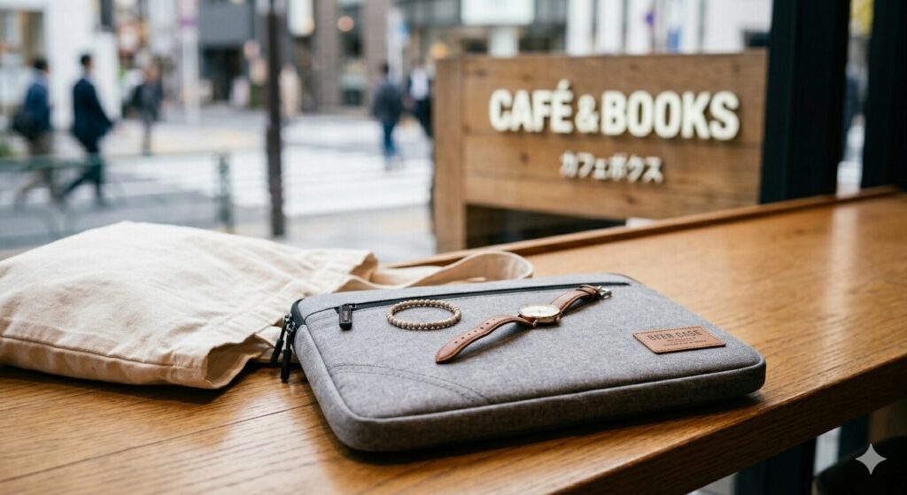 机の上にパソコンケースと腕時計