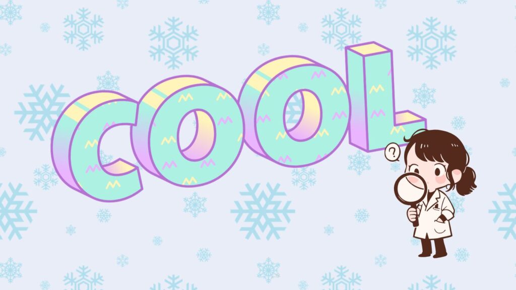 雪の結晶の背景にCOOLの文字と白衣をきた女性
