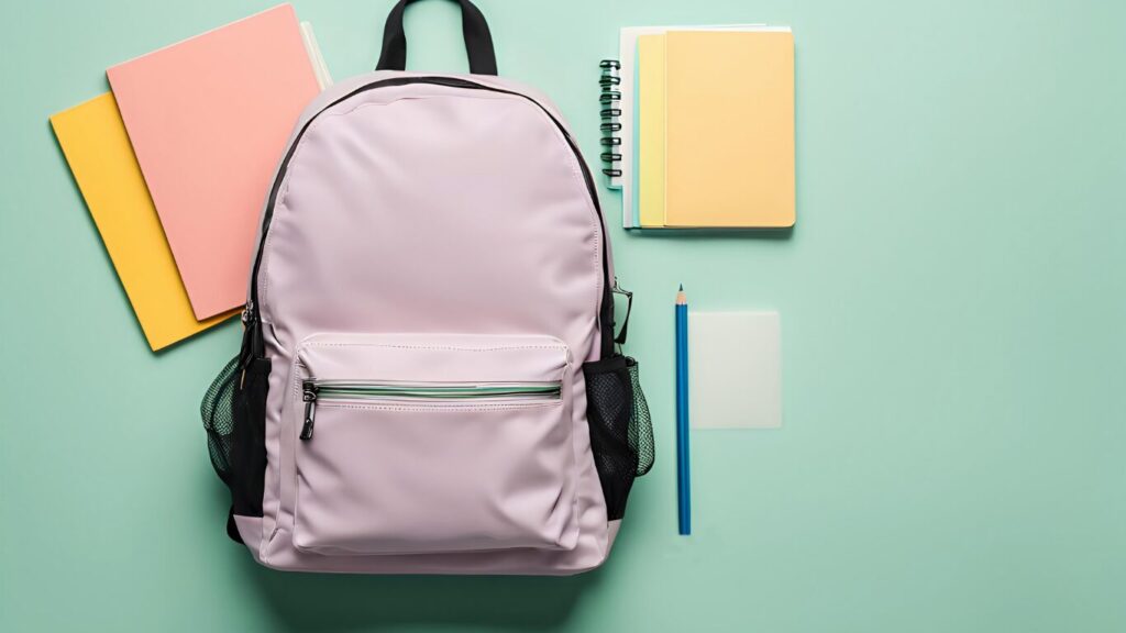 黄緑の背景にリュックと文房具