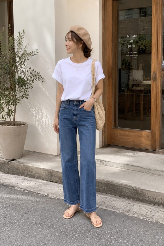 ベレー帽とTシャツとデニムを着用した女性