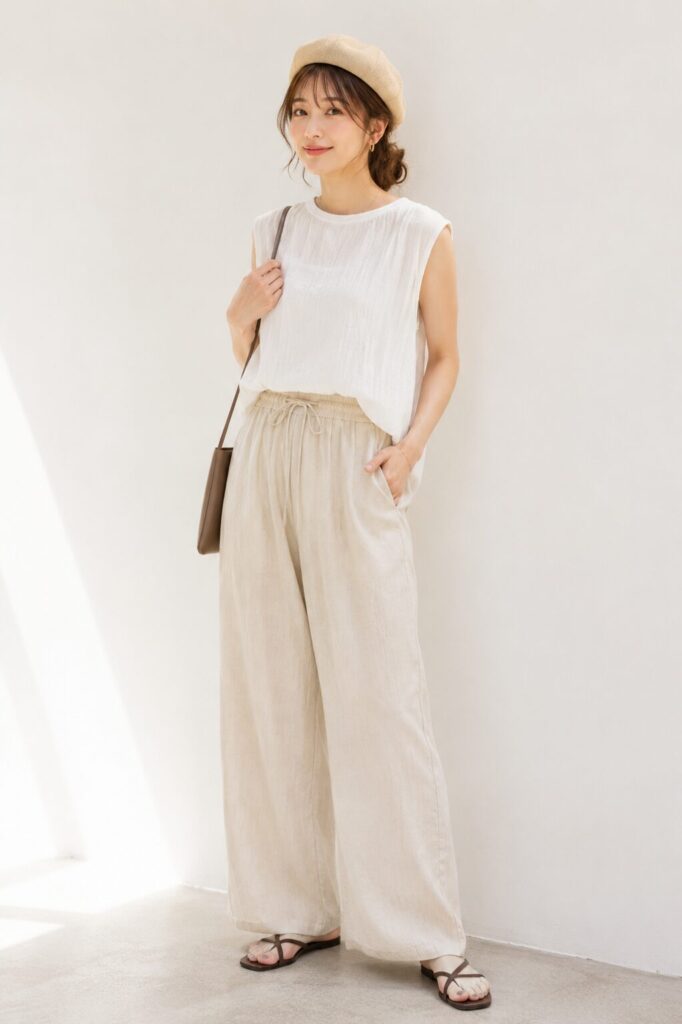 ベレー帽とTシャツとワイドパンツを着用した女性