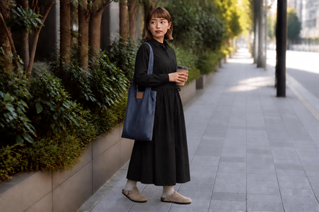 黒いワンピースを着てデニムトートを持っている女性