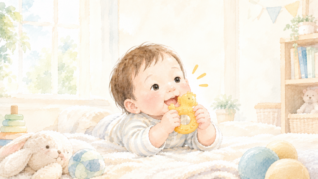 歯固めを持つ笑顔の赤ちゃん