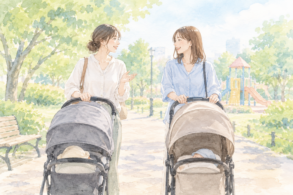公園でベビーカーを押すママ