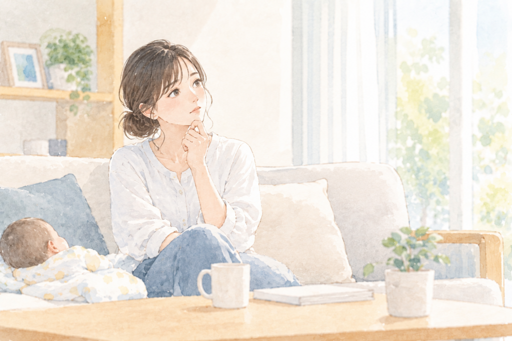リビングで悩むママと赤ちゃん
