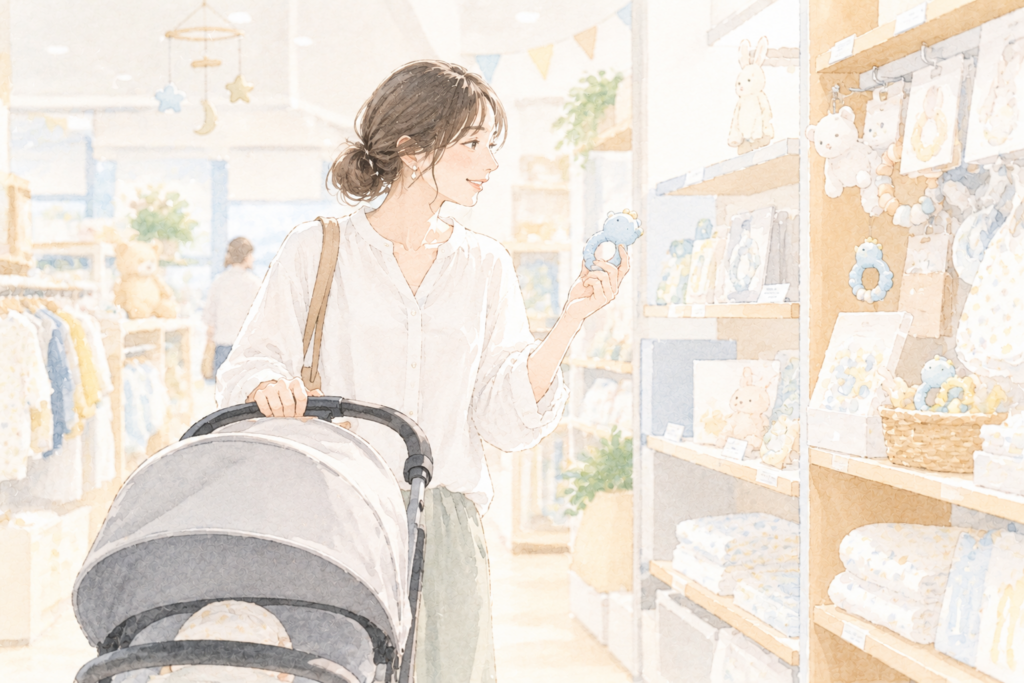 お店でベビーカーを押す女性
