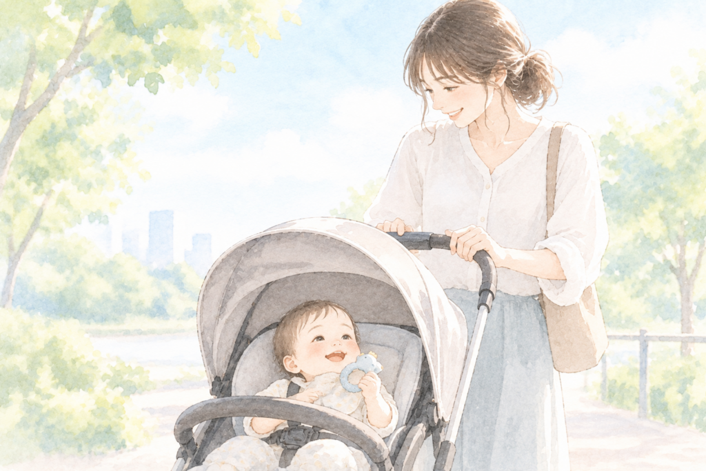 公園を散歩するママと赤ちゃん