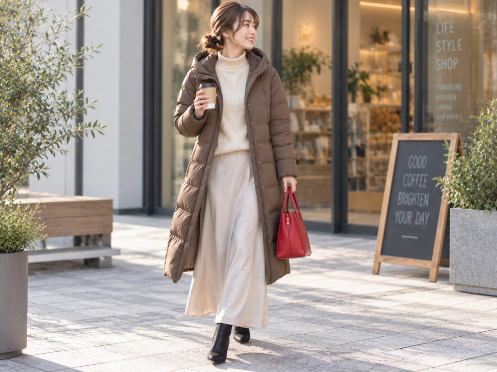 ロング丈の茶色のダウンを着る女性のコーデ