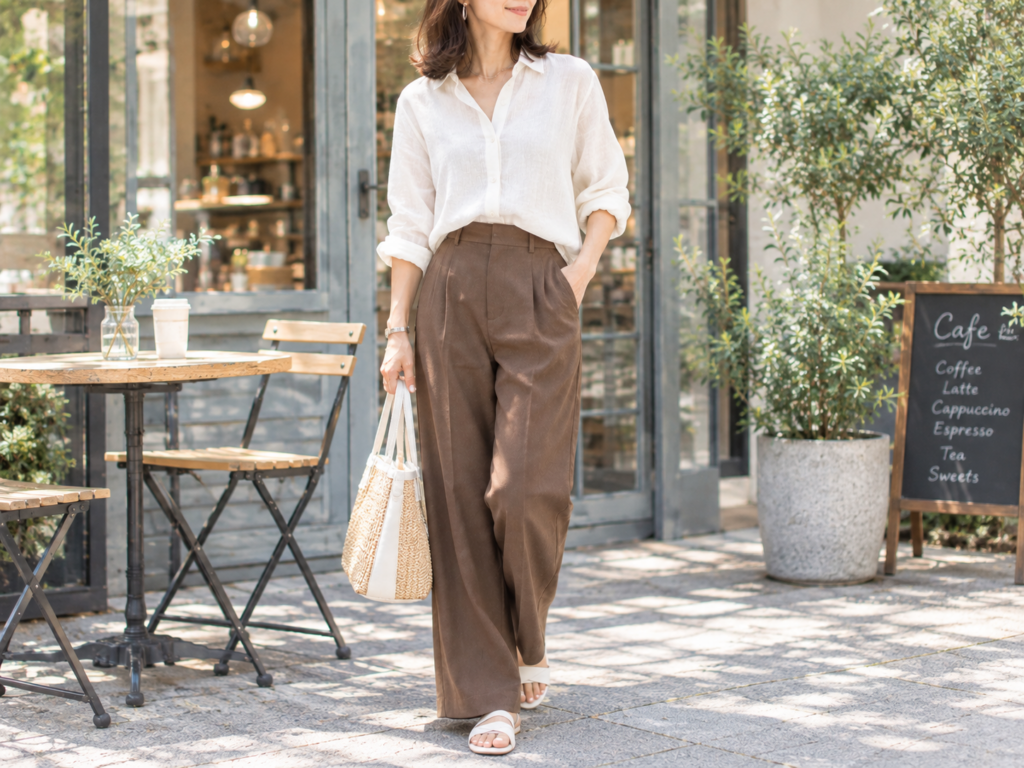 カフェの前に立つ女性