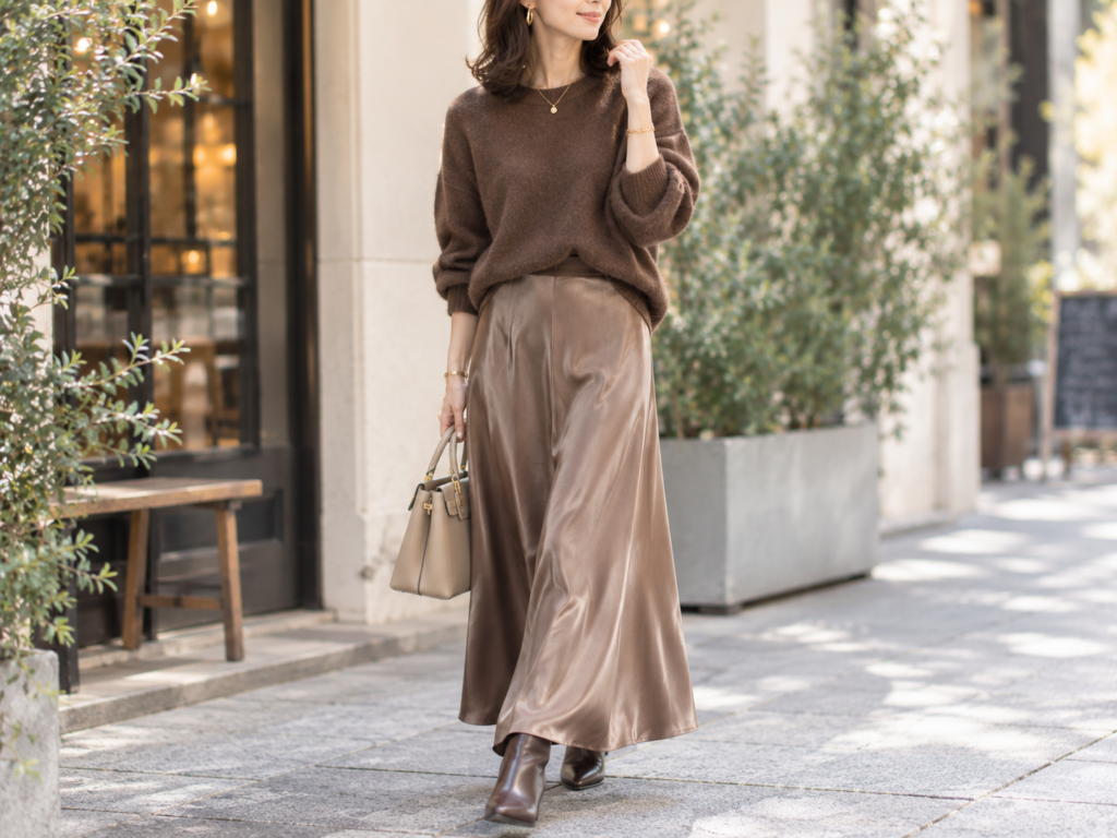 茶色ニットとサテンスカートを着用した女性