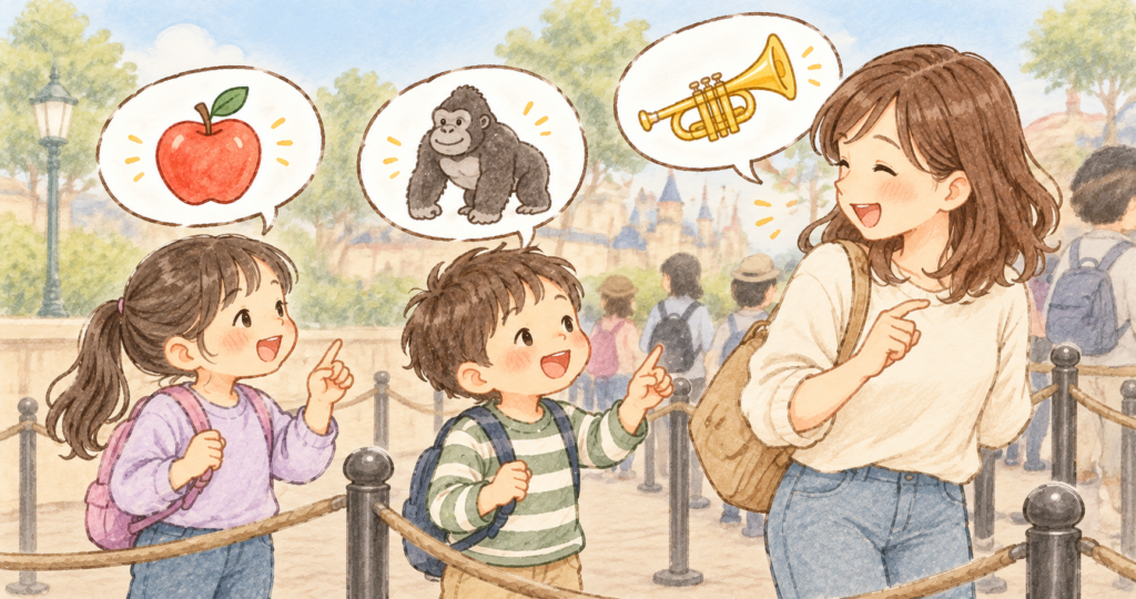 待ち時間にしりとりを楽しむ親子