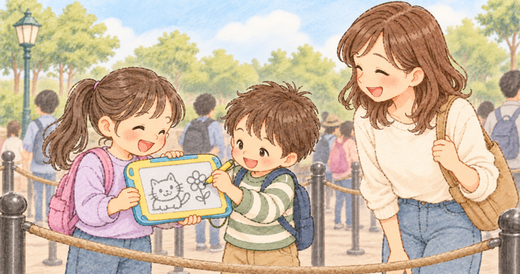 待ち時間にお絵描きボードで遊ぶ親子
