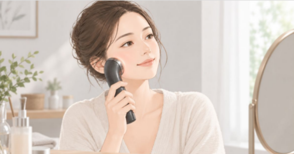 美顔器を顔にあてる女性