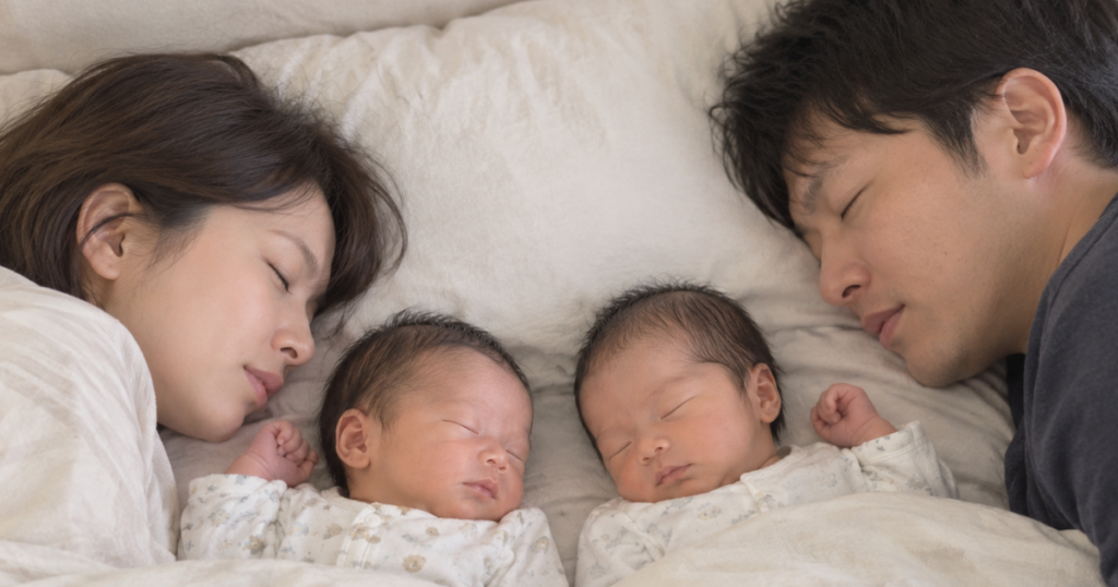 布団に寝ているお父さんとお母さんと双子の赤ちゃん