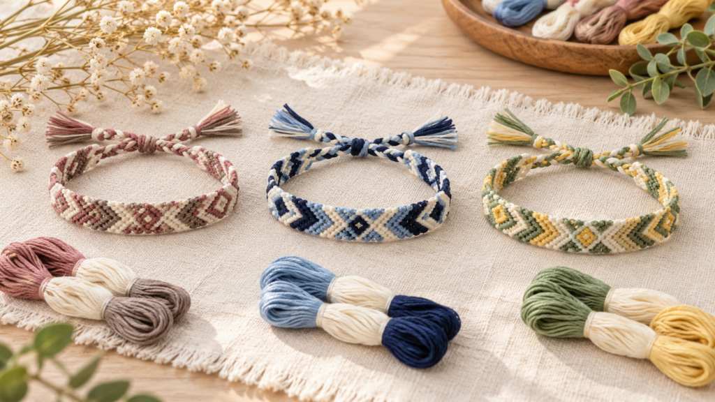3色を使った3つのミサンガと刺繍糸
