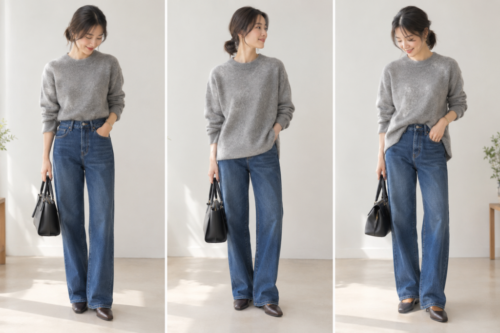 グレーのセーターとジーンズを着用した女性