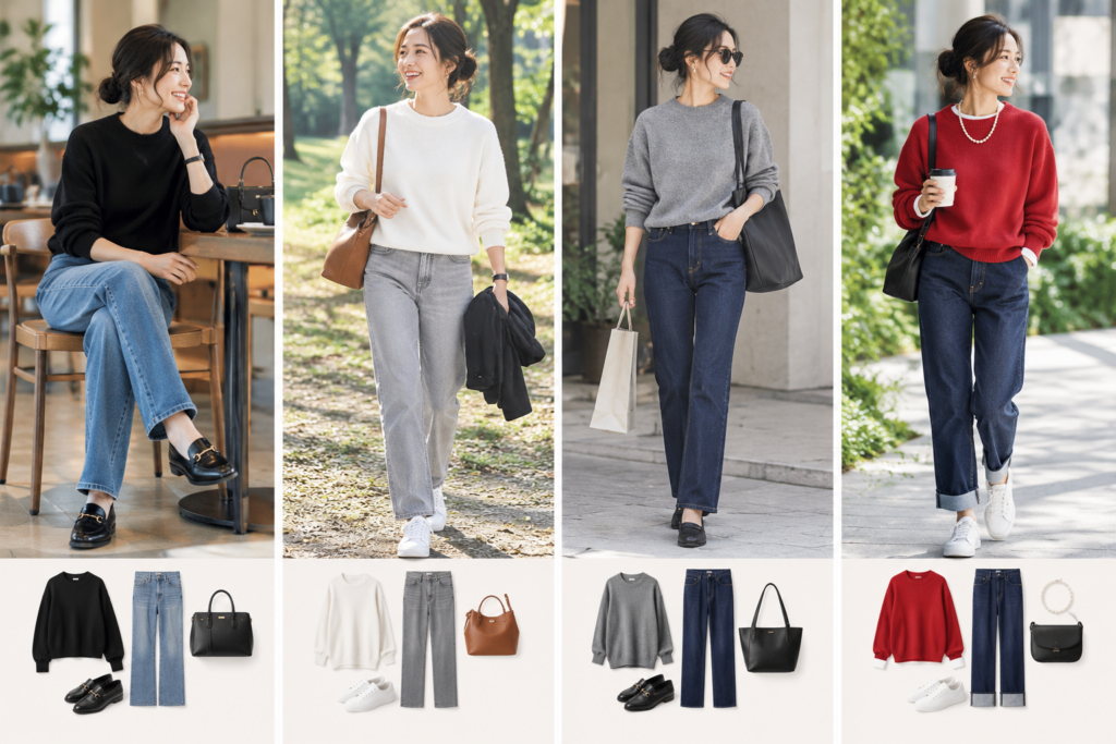 4人の女性と着用したセーター、ジーンズ、バッグ、靴