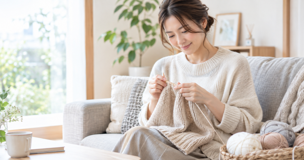 セーターを編んでいる女性