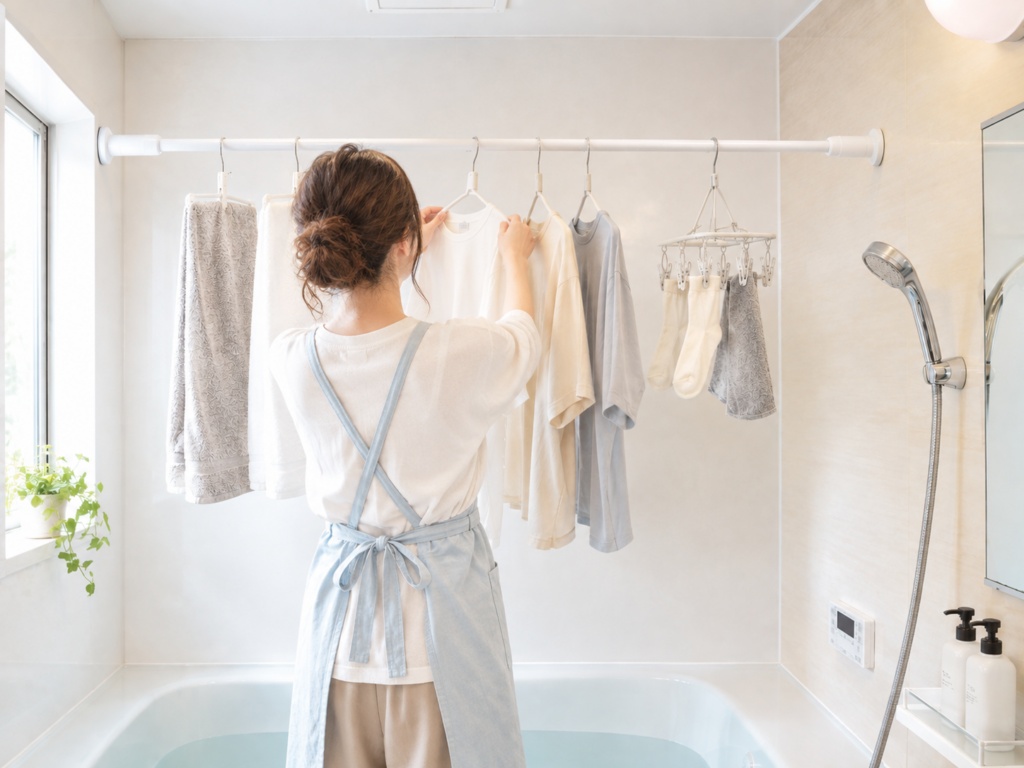 浴室で洗濯物を干す女性の後ろ姿